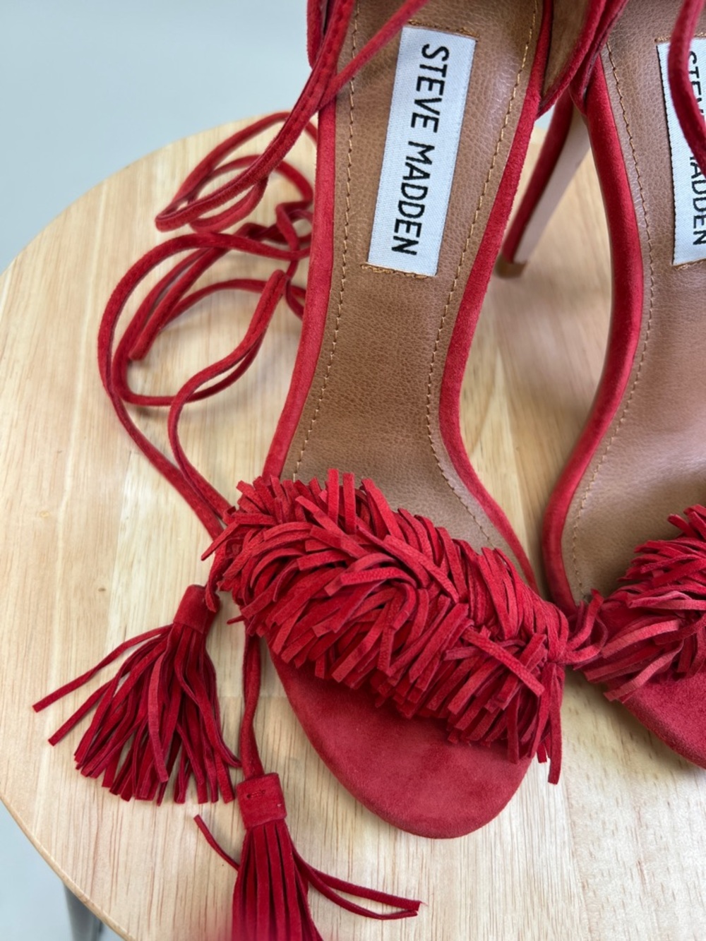 Steve Madden Red Suede Tassel Fringe Ankle-Tie Heels Sassey Size 5.5 - Picture 5 of 16